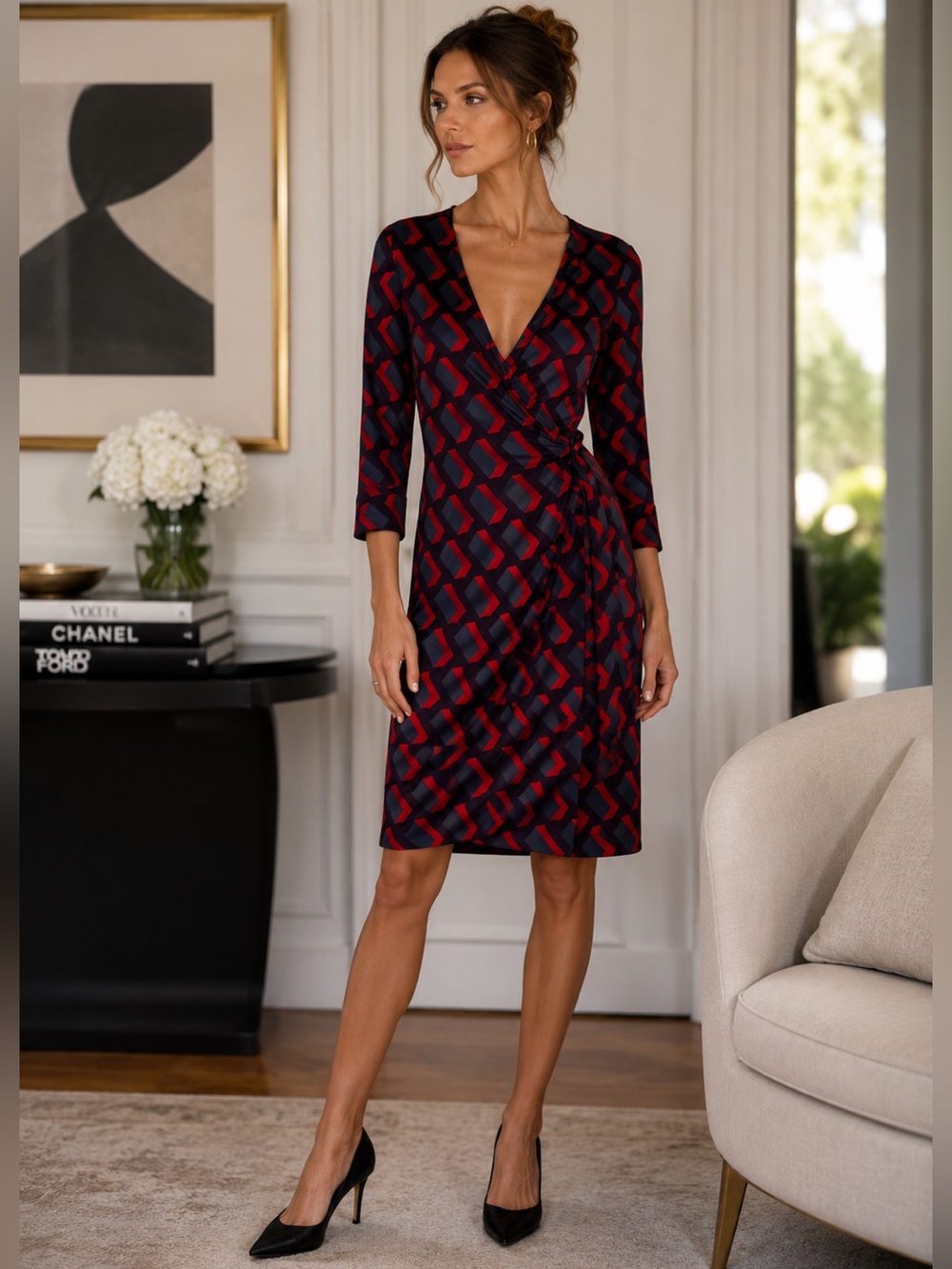 Diane von Furstenberg 100% Silk Jersey Wrap Dress | Geometric Print | Knee Lengt